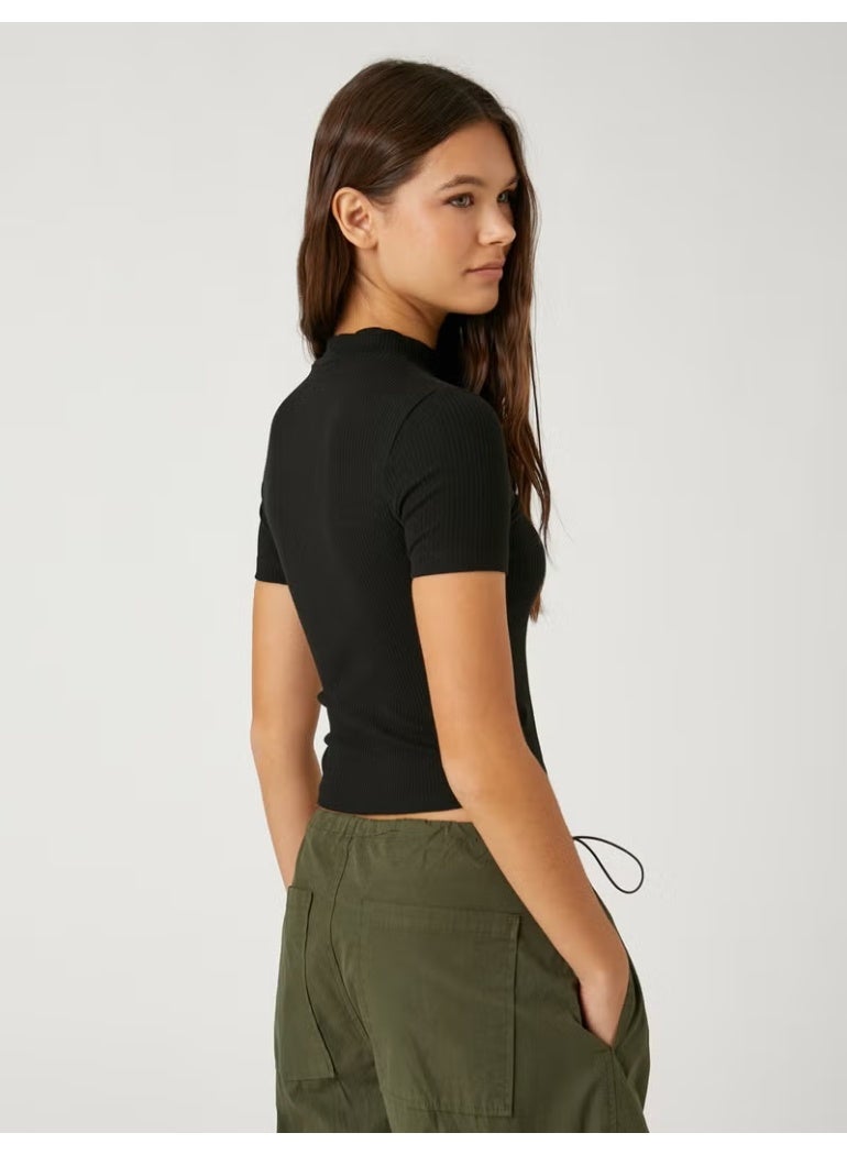 KOTON Crop T-Shirt with Window Detail High Collar Short Sleeve - Image 4
